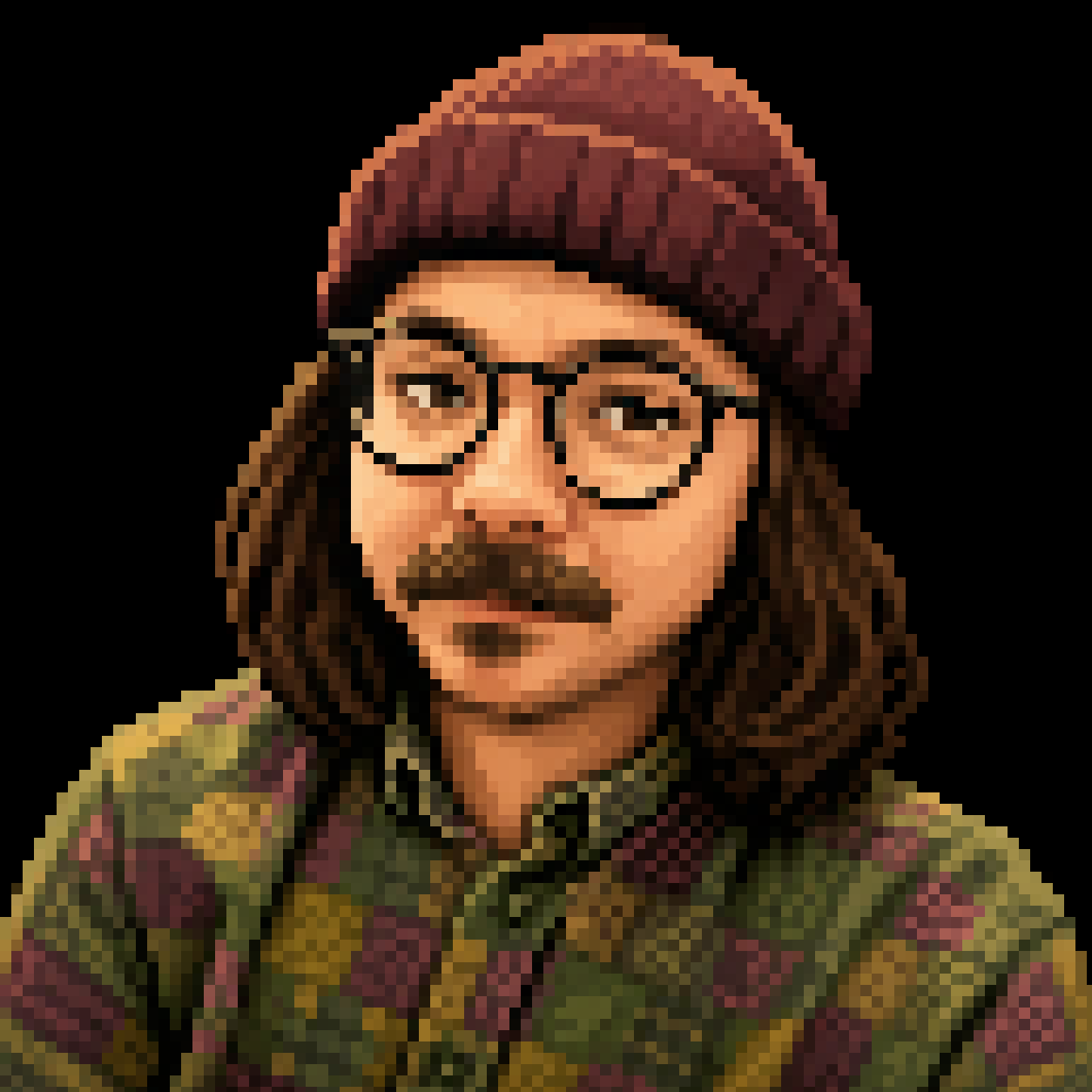 Pixel-art portrait of Tommy wearing a beanie and glasses